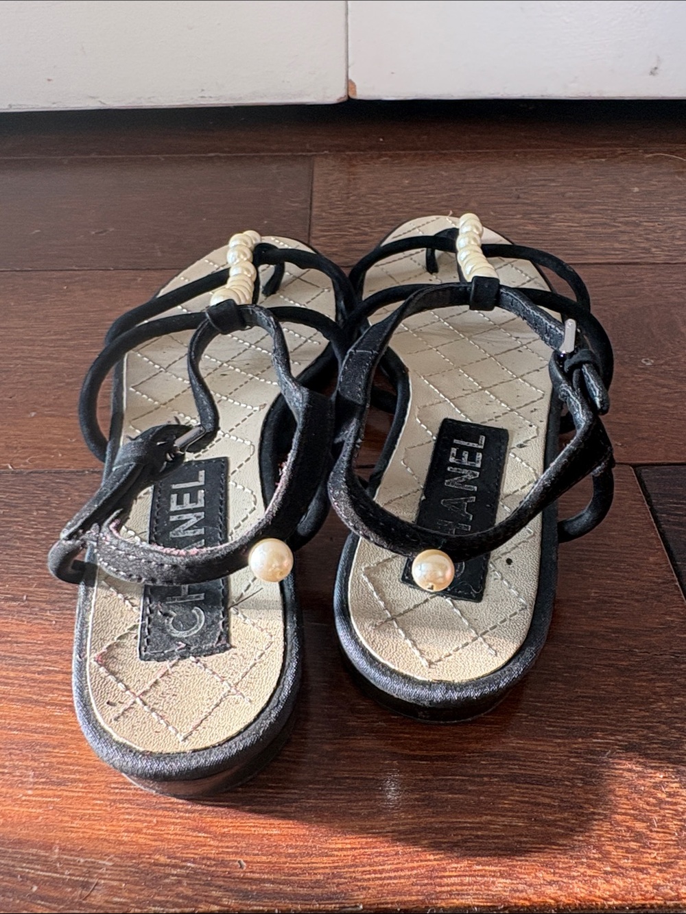CHANEL Black Strappy Pearl-Accent Slingback Sandals 37/7 - Picture 4 of 7
